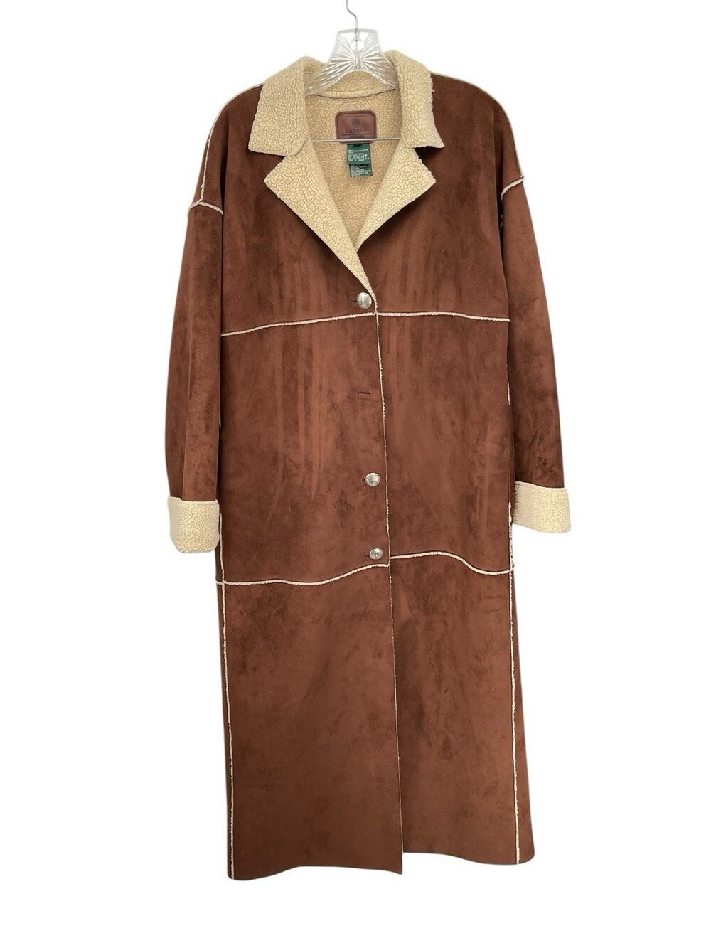 Lauren Ralph Lauren Faux Shearling Suede Coat Brown Size Large Missing Button